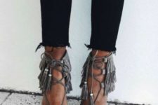11 grey suede lace up heels with tassel decor