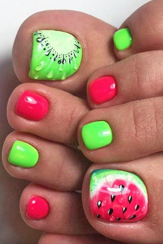 funny kiwi and watermelon nails and bold green and red ones