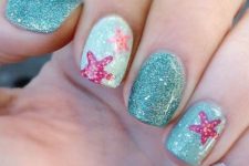 14 aqua nails and glitter turquoise ones, starfish decor
