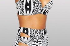 15 sexy black and white halter hollow out geo print bikini