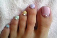 15 tender pastel toe nails with sparkling beads