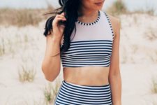 16 striped swimsuit with a high waist bottom and an illusion neckline halter top