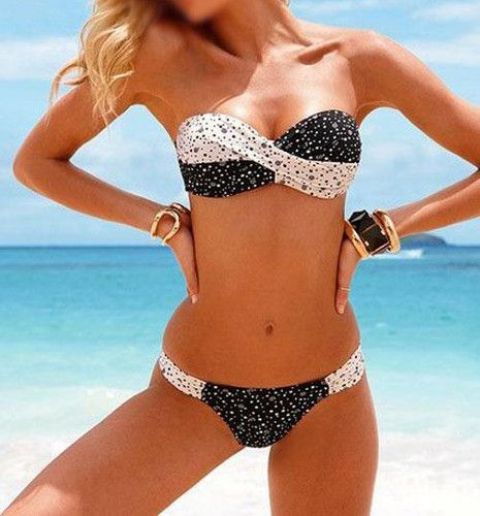 twist bandeau padded swimsuit in black and white