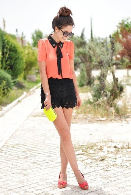With bright color blouse, yellow mini clutch and pink shoes