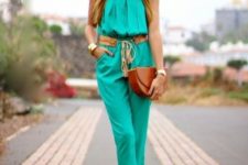 With brown belt, leather half moon clutch and heels