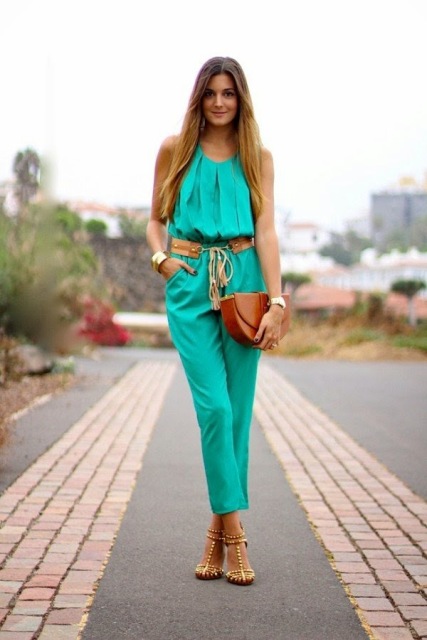 With brown belt, leather half moon clutch and heels