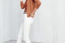 With brown shirt and white pants