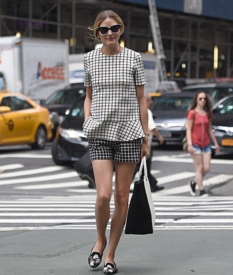 With checked peplum shirt and loafers