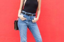 With cuffed jeans, black belt, black sandals and crossbody bag
