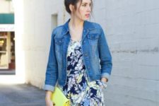 With denim jacket and yellow clutch