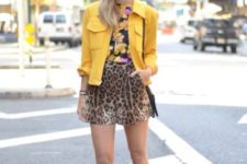With floral shirt, yellow blazer and flats