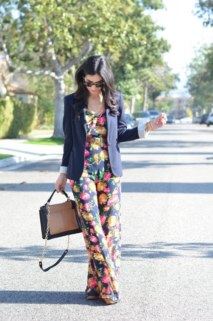 With navy blue blazer and two color bag