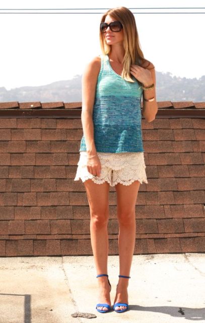 With ombre top and blue sandals