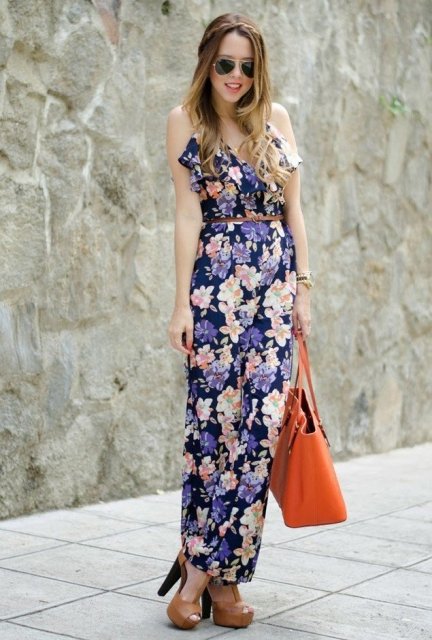 With orange tote and brown sandals
