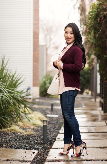 With pale pink blouse, marsala blazer and jeans