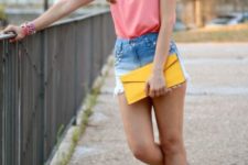 With pink top, yellow clutch and white flats