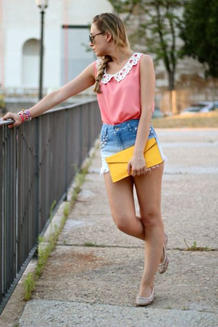 With pink top, yellow clutch and white flats