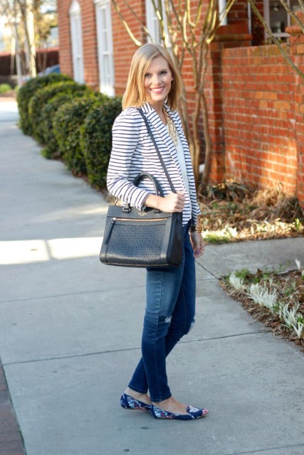 With striped blazer, jeans and black big bag