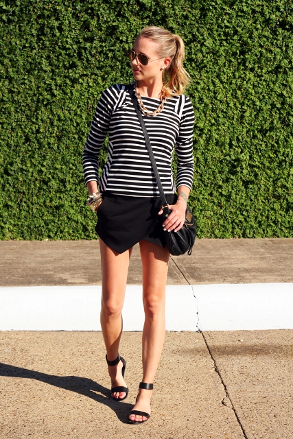 With striped shirt, crossbody bag and low heeled sandals