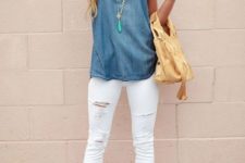 With white pants, nude sandals and light yellow bag