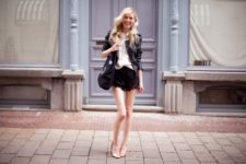 With white shirt, black leather jacket, black tote and metallic heels