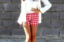 With white shirt, white jacket and red sandals