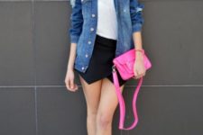 With white t-shirt, denim jacket, hot pink clutch and pumps