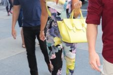 With yellow bag and white platform sandals
