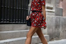 03 a red printed mini dress with short sleeves and slip-ons for a casual look