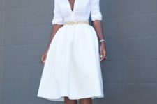 04 a white half sleeve dress with a deep V neckline, metallic shoes and accessories
