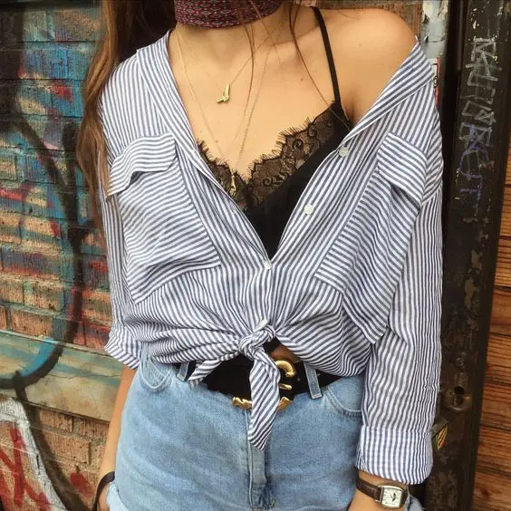 denim shorts, a striped shirt and a black lace bralette for sexy layering