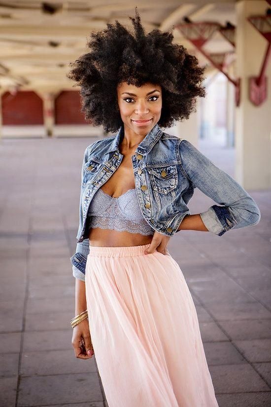 a blue bralette with a pink maxi skirt and a crop denim jacket
