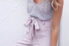 13 a striped tank top and lilac pants plus blush heels