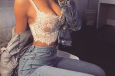 13 jeans, a white lace bralette and a denim jacket for a hot yet casual look