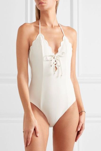 white scallope edge one-piece swimsuit with small front lacing up
