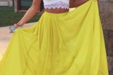 15 a yellow maxi skirt and a white lace bralette for an effortlessly sexy look
