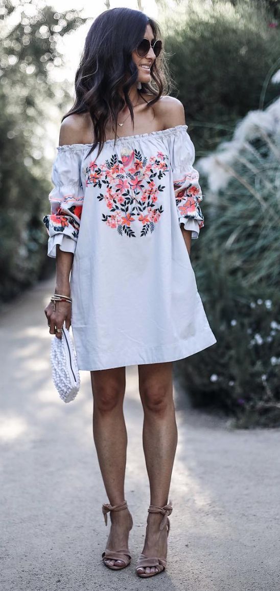 boho off-the-shoulder floral embroidery mini dress with sleeves