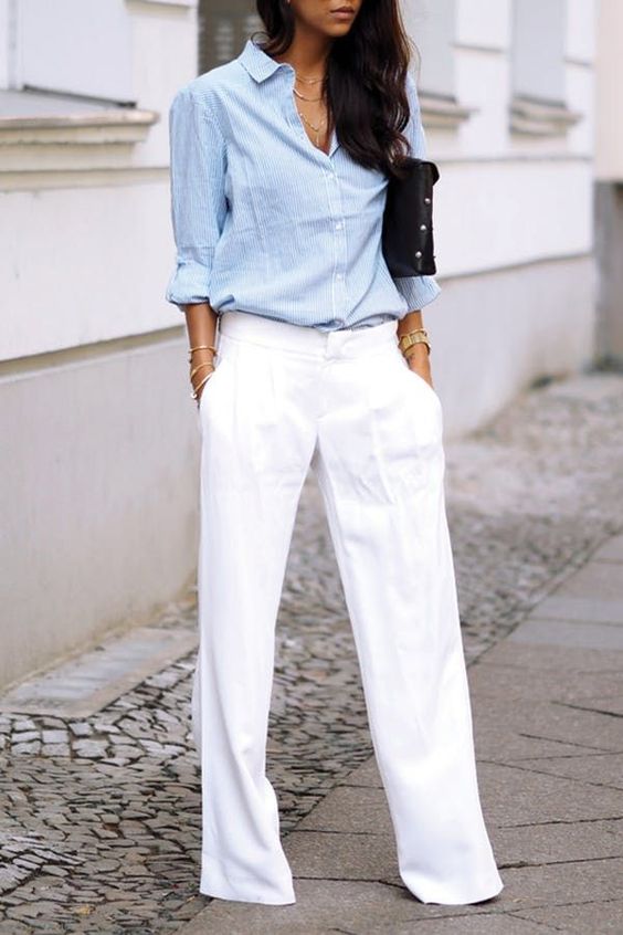 white pants, a blue striped shirt for an effortlessly chic summer work look