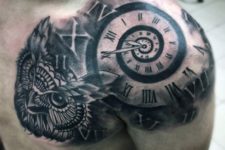 Clock and owl tattoo