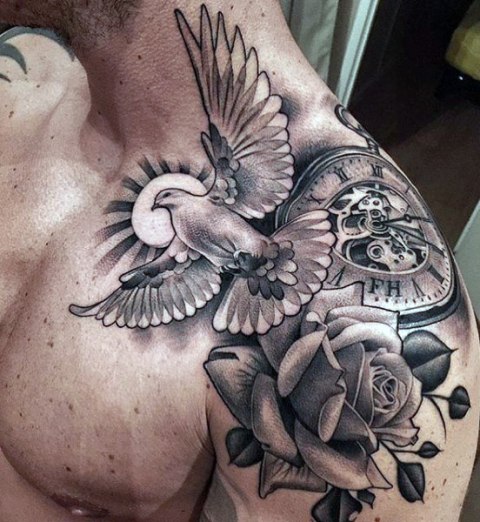 Clock with bird and rose tattoo