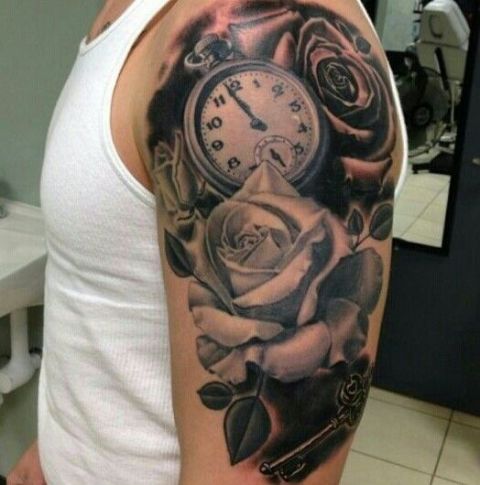 Clock with rose tattoo