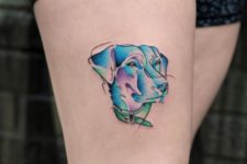 Excellent watercolor dog tattoo on the leg