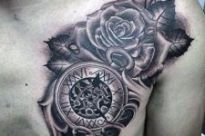 Flower and clock tattoo on the chest