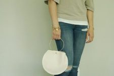 With bell sleeve shirt, skinny distressed jeans and brown sandals