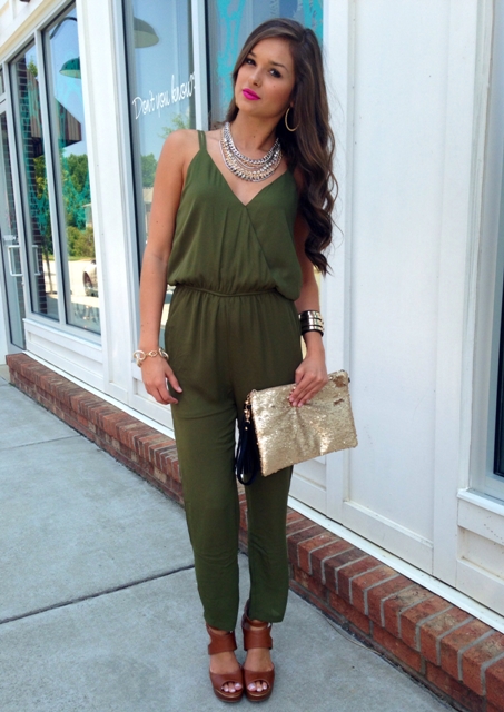 With brown sandals and metallic clutch