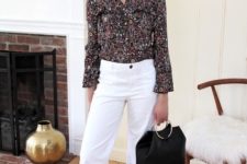 With floral blouse, crop pants and flat sandals