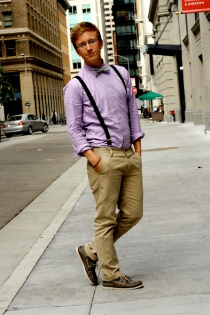 With pastel color shirt, bow tie and beige pants