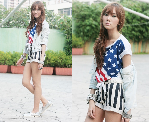 With printed shirt, white jacket and striped shorts