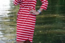 With white and red striped shirtdress