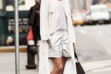 With white top, black lace up sandals, black tote and white light coat